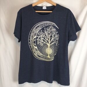 Women's Crew Neck Shirt Short-Sleeved T-Shirt Navy with Moon and Tree Size 3X